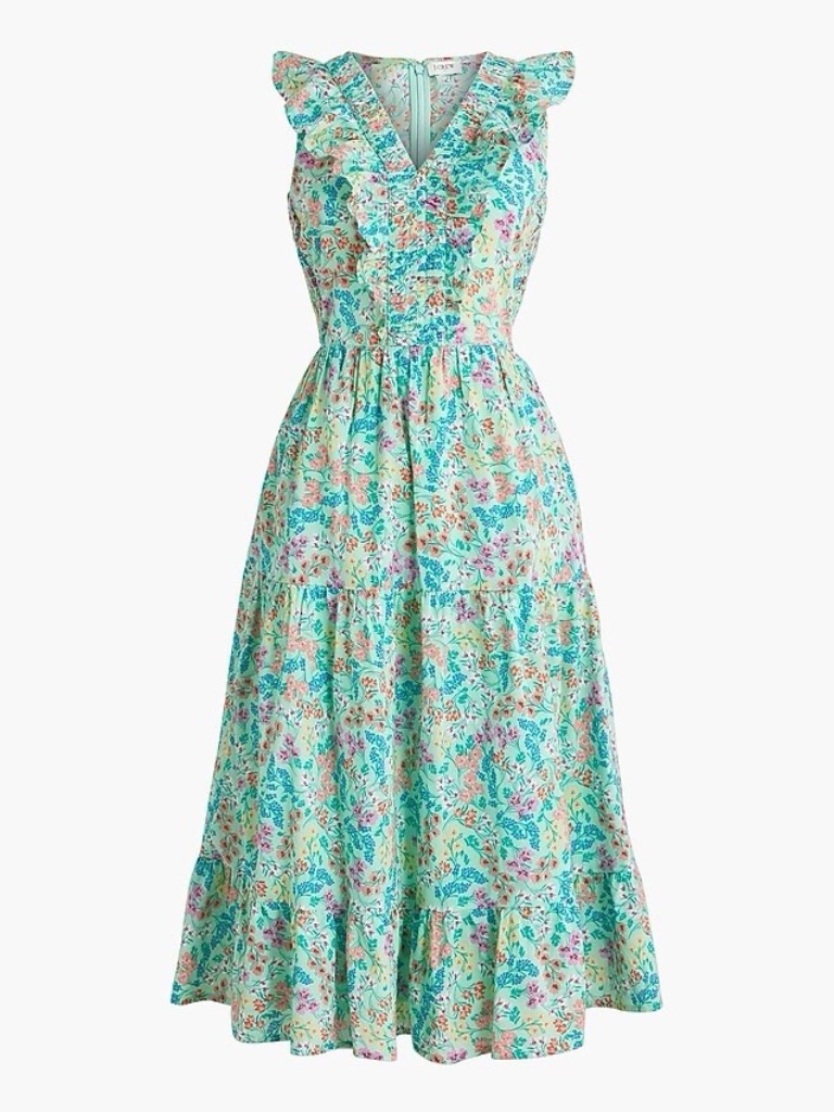 J. Crew V-Neck Smocked Tiered Midi Dress Green Floral Women’s 10 Bq045